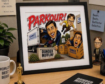 The Office Parkour TV Show Inspired Wall Art, Funny Man Cave Decor, Retro 90s Sports Caricature of Michael Andy and Dwight Poster Gift