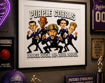 Dodgeball Purple Cobras 90s inspired Caricature Print Funny Man Cave Decor, Average Joes Retro Style Free Shipping