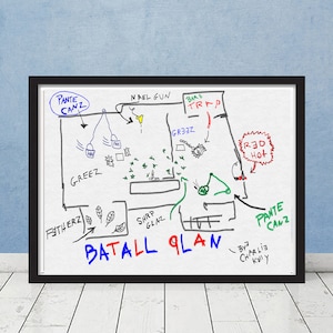 May include: A whiteboard with a hand-drawn battle plan. The plan includes a red circle labelled "Red Hot", a green circle labelled "GREEZ", and a blue circle labelled "PANTE CANZ". The plan also includes a yellow circle labelled "NAEL GUN", a green circle labelled "SHRP GLAZ", and a red circle labelled "BARE TRAP". The plan is labelled "BATALL GLAN" and signed "By Charlie Kally".