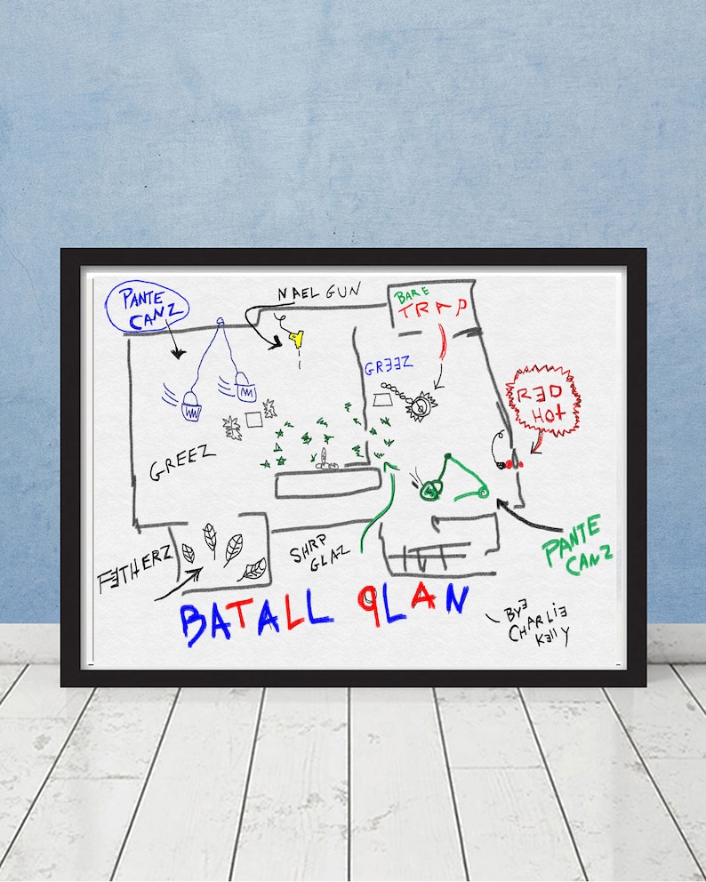 May include: A whiteboard with a hand-drawn battle plan. The plan includes a red circle labelled "Red Hot", a green circle labelled "GREEZ", and a blue circle labelled "PANTE CANZ". The plan also includes a yellow circle labelled "NAEL GUN", a green circle labelled "SHRP GLAZ", and a red circle labelled "BARE TRAP". The plan is labelled "BATALL GLAN" and signed "By Charlie Kally".