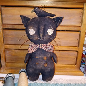 Primitive Folk Art Standing Cat Doll and Crow