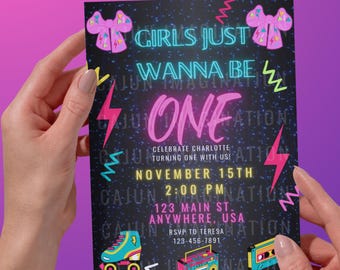 Girls Just Wanna Be One 80’s Themed Invitation Template. (Neon, Vintage)