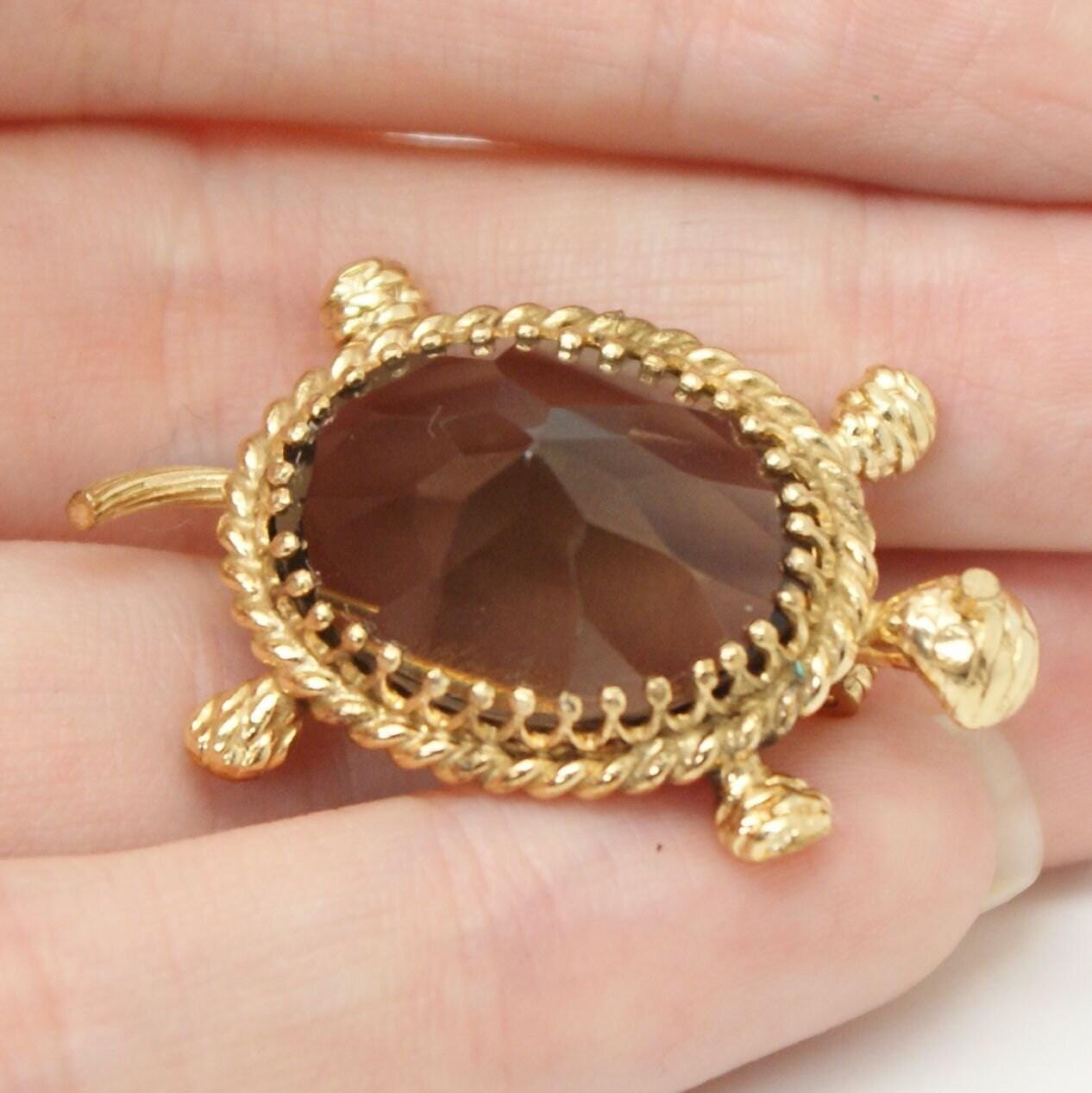 Vintage 12k Gold gf Genuine Quartz Topaz Tortoise Turtle Brooch Pin 1950s Hallmarks