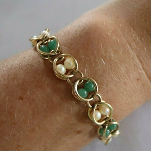 c1960s Vintage 12k Gold Gf Real Jade & Pearl Bracelet Bangle Hallmarks Signed Rhythm 6.5inchs or 16.5cms long