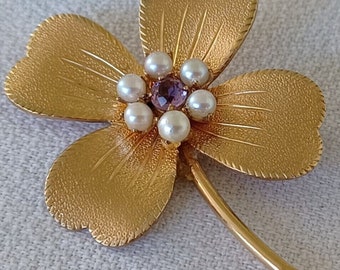 Vintage 12k Gold GF Genuine Cultured Pearl Real Amethyst Four Leaf Clover Brooch 1950s