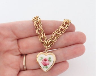 Vintage 12k Gold filled Multi Link Bracelet Bonus Heart Locket Guilloche Charm