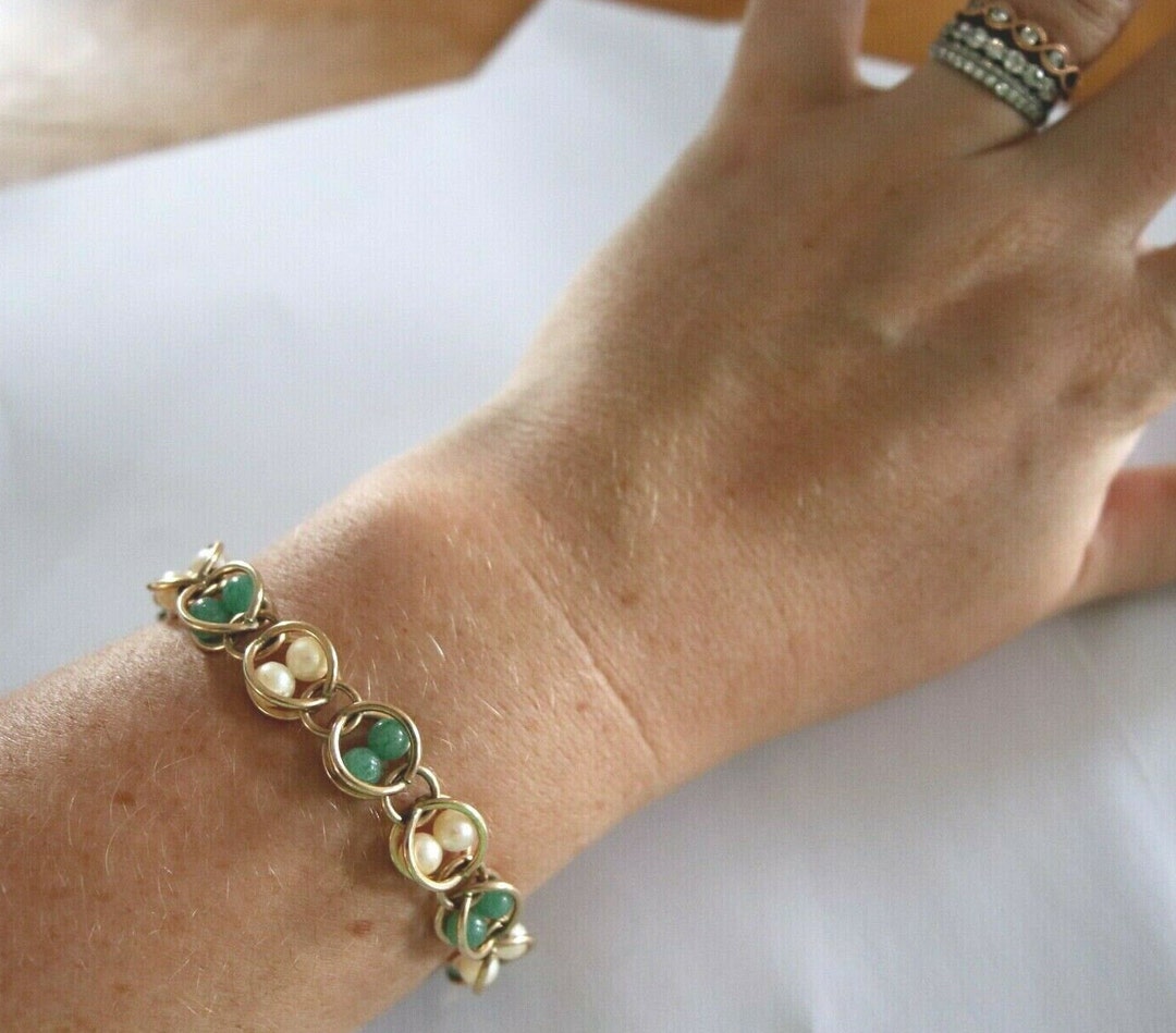 C1950s Vintage 12k Gold Gf Real Jade & Pearl Bracelet Bangle Hallmarks