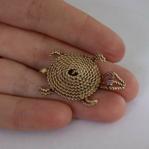 Vintage 12k Gold Filled Amethyst Turtle Tortoise Pin Brooch Hallmark c1950s rope Solid