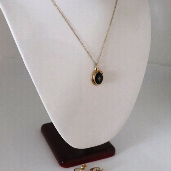 Vintage c1950s 12k Gold Filled Diamond Onyx Pendant Chain & Earrings Set Dixelle