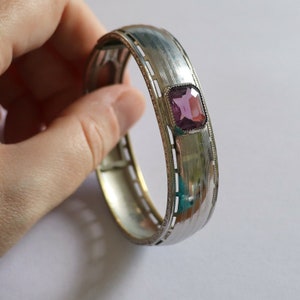 Antique ART DECO Rhodium 1920s Amethyst Colour Stone Hinged Bangle Bracelet Vintage ESTATE find Women&#39;s