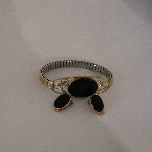 Vintage 10K Gold Filled Genuine Onyx Expansion Bracelet bonus clip earrings c1960s Cocktail Mourning Jewellerry