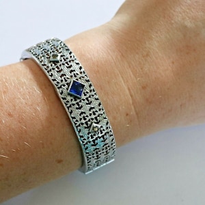 Antique ART DECO Rhodium 1920s Blue & Smokey Stone Hinged Bangle Bracelet Vintage ESTATE find Women&#39;s Jewellery Jewelry