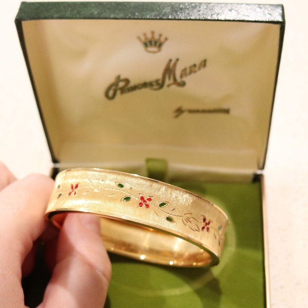 Vintage 12k Gold Filled Bangle Bracelet Florentine Etched Enamel Princess Mara