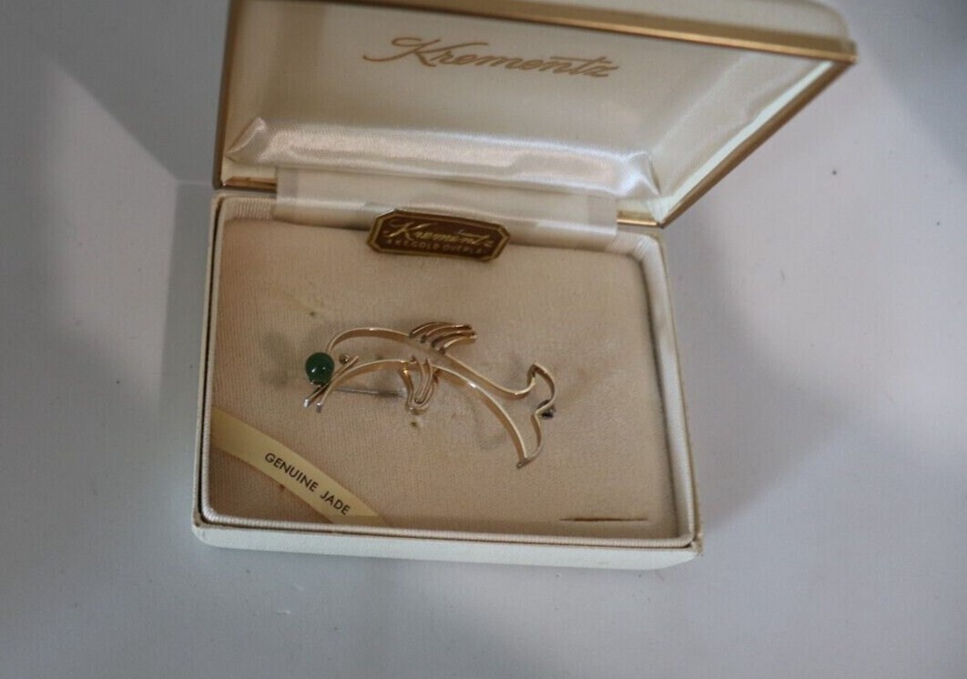 Vintage C1960s-70s 14k Gold Filled Genuine Jade Dolphin