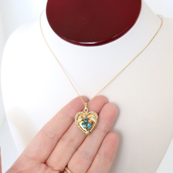 Vintage 12k Gold Filled Heart Locket Blue Rhinestone Green Gold Leaves & Chain c1950s