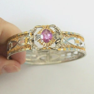 Antique 1930s Designer Gilt White Filigree Pink Stone Bangle Bracelet Vintage