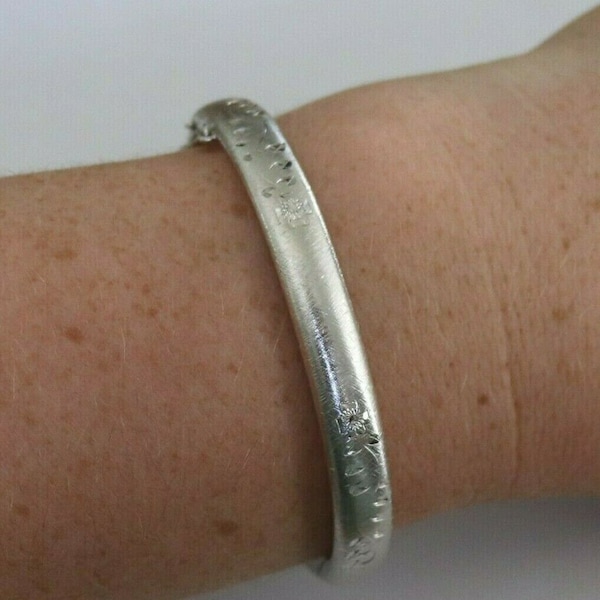 Vintage Brushed Sterling Silver Violets Bangle Bracelet c1960s Hallmarked Signed Ballou