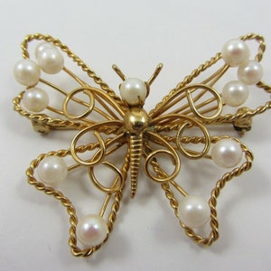 Broche vintage en forme de papillon en véritable perle de culture remplie d&#39;or 12 carats, c&#39;est-à-dire des années 1960