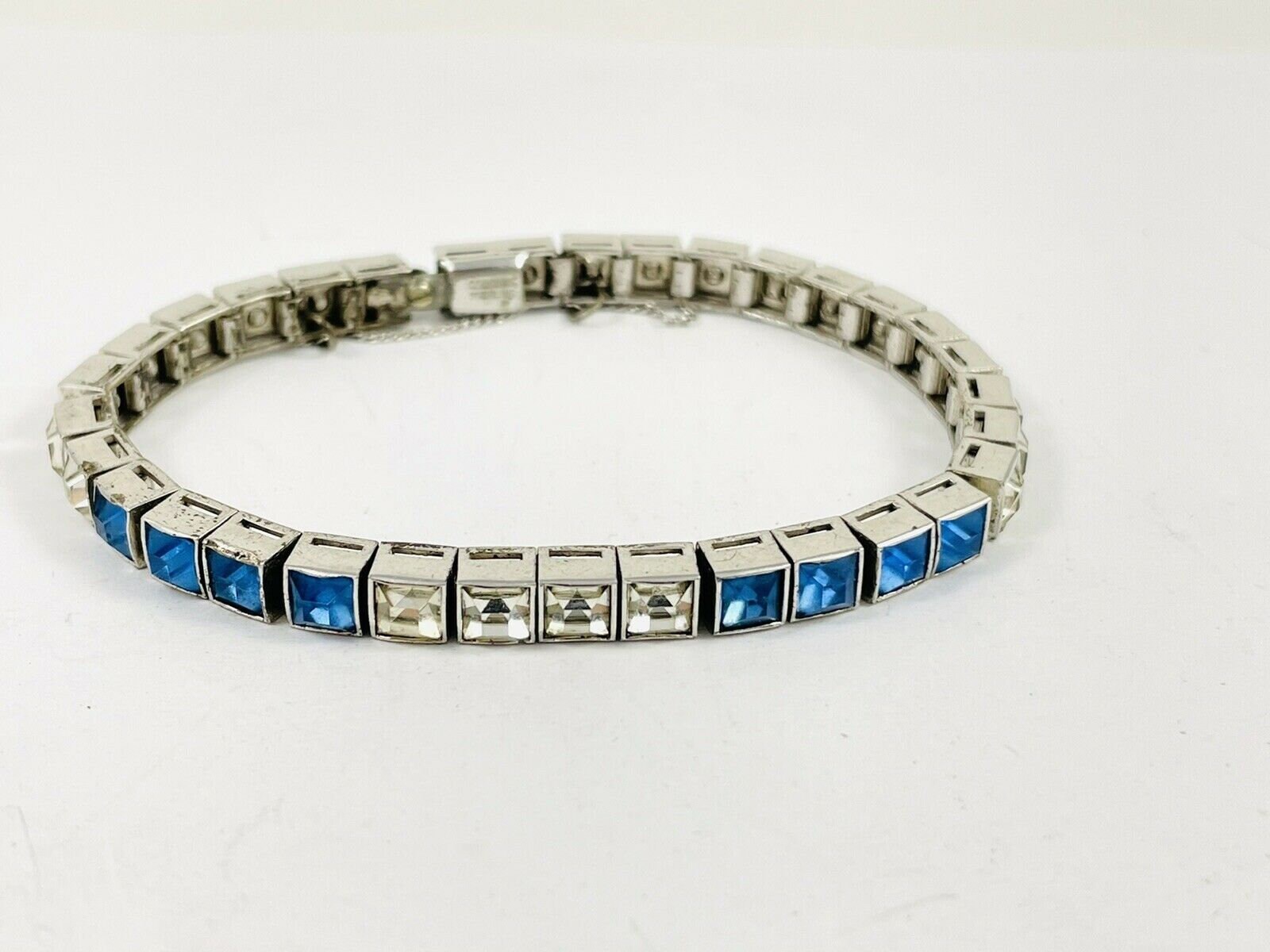 C1930s Antique Sterling Blue Clear Stone Bracelet Bangle Art