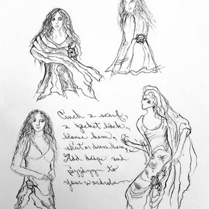 May include: A black and white pencil drawing of four women wearing different styles of clothing. The drawing includes the text "the Cinch Clip" and "Cinch a scarf, a jacket back, blouse hem, skirt or dress hem. Add drape and pizazz to your wardrobe."