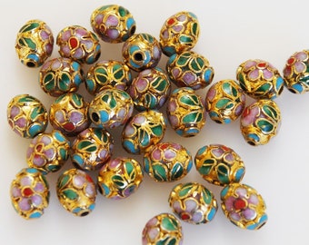 Cloisonne Gold Oval Beads 9 x 7mm (12) Vintage Chinese