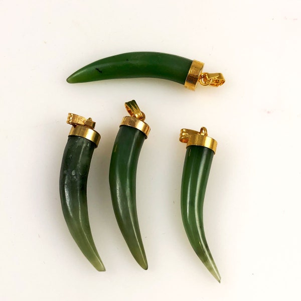 Green & Black Jade Tusk Tooth Pendants Gold Bails 1970's NOS - Horn Lucky Amulets