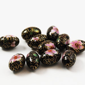 Schwarze Cloisonne Perlen chinesisch 18 x 12mm (6) Vintage rosa Blüten