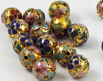 Gold Cloisonne Round Beads Chinese Enamel Floral 6, 8, 10mm Vintage