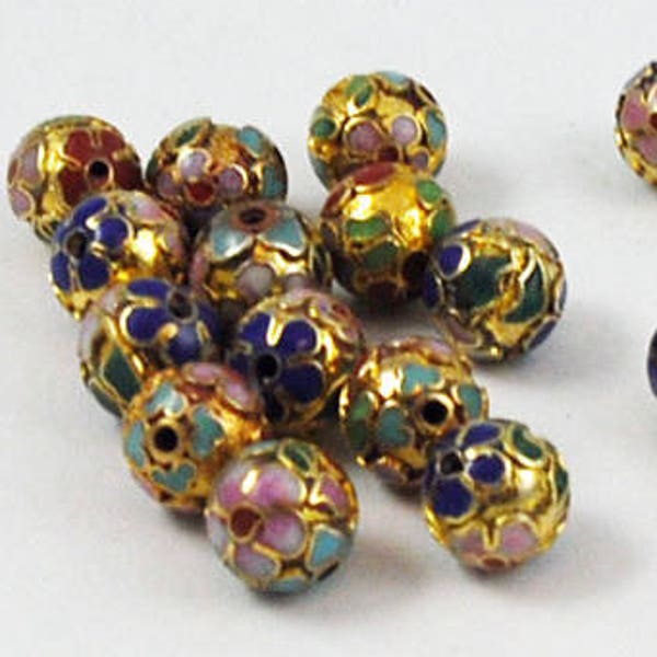 Gold Cloisonne Round Beads Chinese Enamel Floral 6, 8, 10mm Vintage