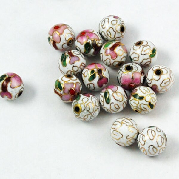 Perles rondes cloisonnées blanches et roses (12) Floral émaillé de Chine 6, 8 - 10 mm