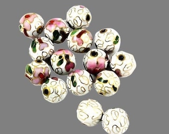 Cloisonne White & Pink Round Beads (12) Chinese Enamel Floral 6, 8 - 10mm
