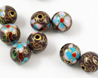 Purple Cloisonne Round Beads Chinese Enamel Floral 6, 8 & 10mm (12) plum blue flowers