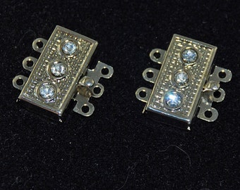 Rhinestone Box Clasps Triple Strand Necklace Findings (2) Vintage