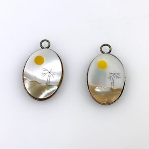 Mother of Pearl Abalone Sunset Mosaic Charms Pendants Pair Vintage NOS 1970's Hippie