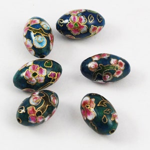 Cuentas ovaladas vintage de cloisonné azul verdoso - Floral chino 18 x 12 mm (6) flores rosas