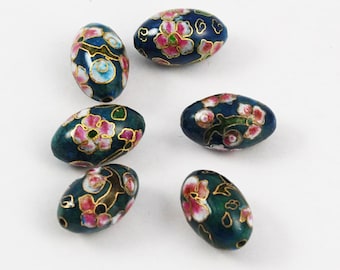 Vintage Cloisonne Teal Blue Oval Beads - Chinese Floral 18 x 12mm (6) pink flowers