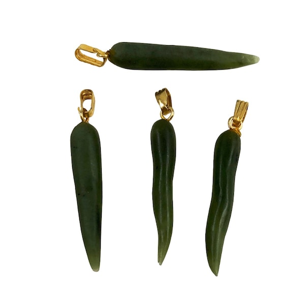 Green Jade Tusk Pendants Gold Bails 1970's NOS - Horn Lucky Amulets