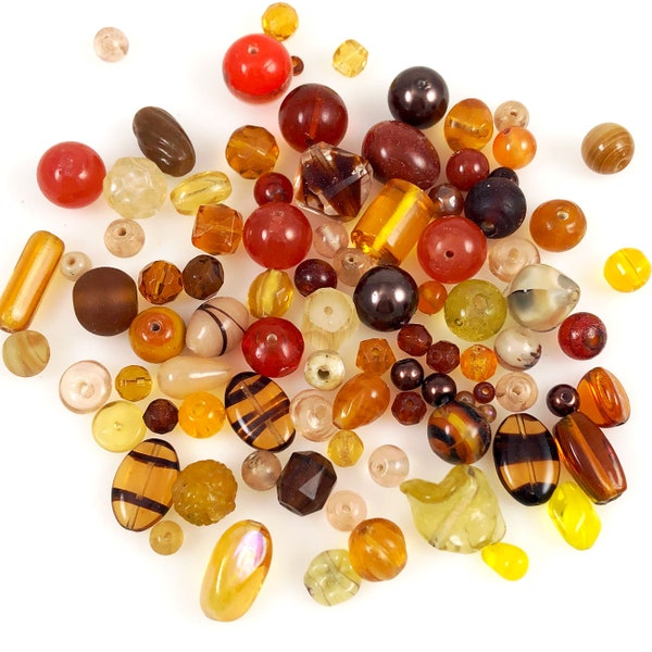 Vintage Amber Topaz Yellow Brown Glass Bead Mix Assortment 100grams wholesale