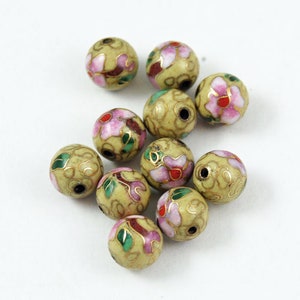 Yellow & Pink Cloisonne Round Beads Chinese Enamel Floral 8mm (12) Vintage