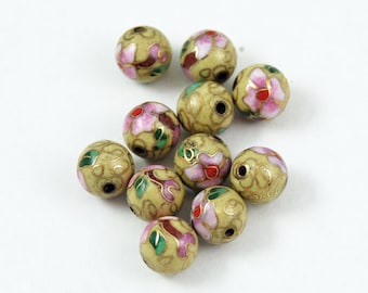 Perles cloisonnées rondes émaillées de Chine jaune et rose Floral 8 mm (12) vintage