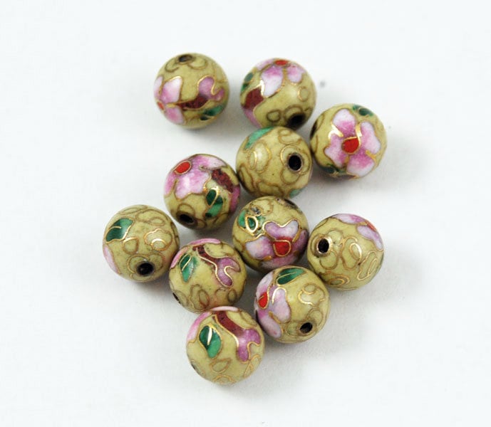 Yellow & Pink Cloisonne Round Beads Chinese Enamel Floral 8mm (12) Vintage