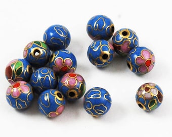 Cloisonne Blue Round Beads (12) Vintage Chinese Floral 8mm 10mm pink flowers