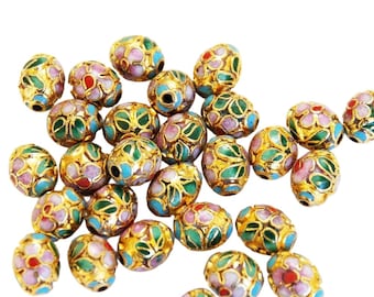 Cloisonne Gold Oval Beads 9 x 7mm (12) Vintage Chinese