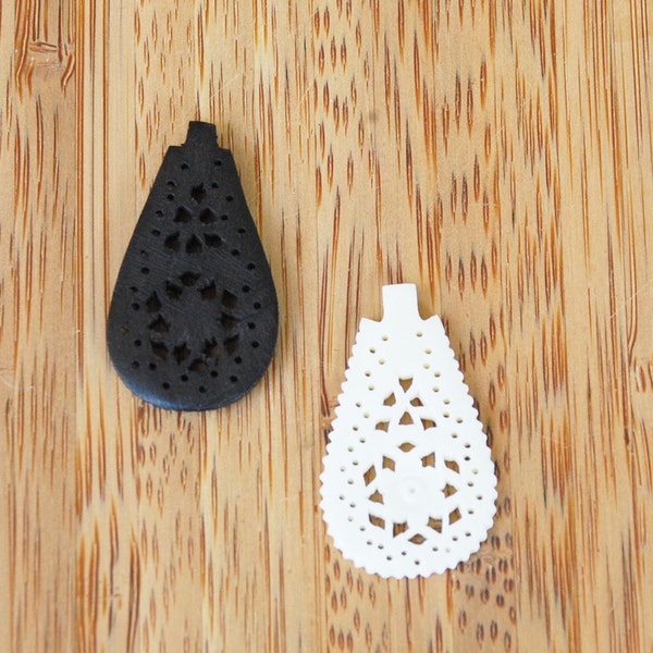 Carved Pierced Bone Pendants White or Black (2) handcrafted open work BOHO ivory exotic