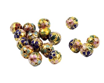 Gold Cloisonne Round Beads Chinese Enamel Floral 6, 8, 10mm Vintage