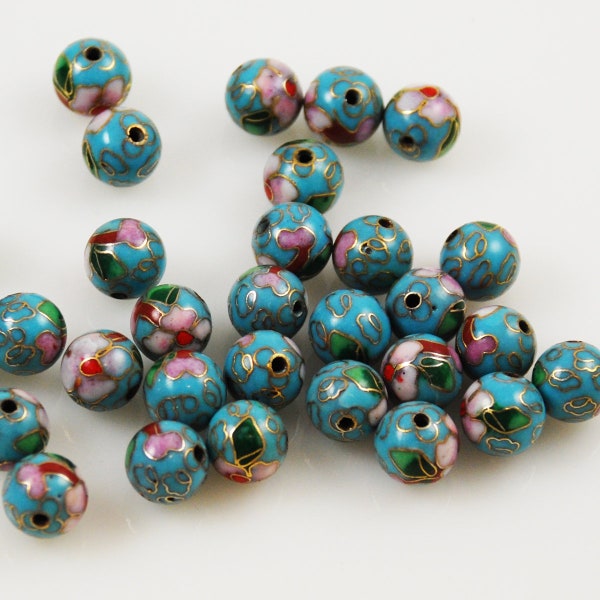 Perles chinoises cloisonnées bleu turquoise 6, 8, 10 mm (12)