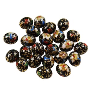 Schwarze Cloisonne Fat Oval Perlen chinesisch 9 x 11 mm (6) Vintage Blumen