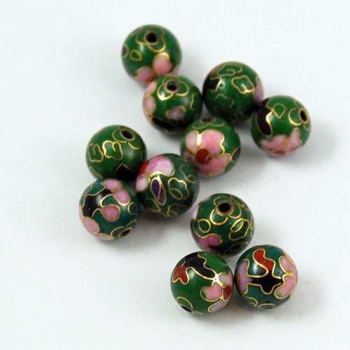 Green Cloisonne Round Beads Chinese Enamel Floral 8 10 & 12mm Etsy