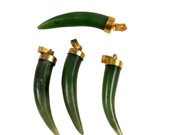 Green & Black Jade Tusk Tooth Pendants Gold Bails 1970's NOS - Horn Lucky Amulets