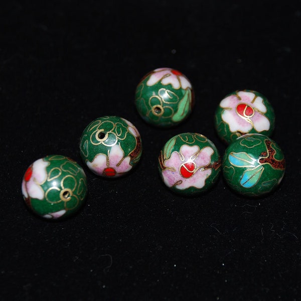 Green Cloisonne Round Beads Chinese Enamel Floral 8, 10 & 12mm (12) Vintage